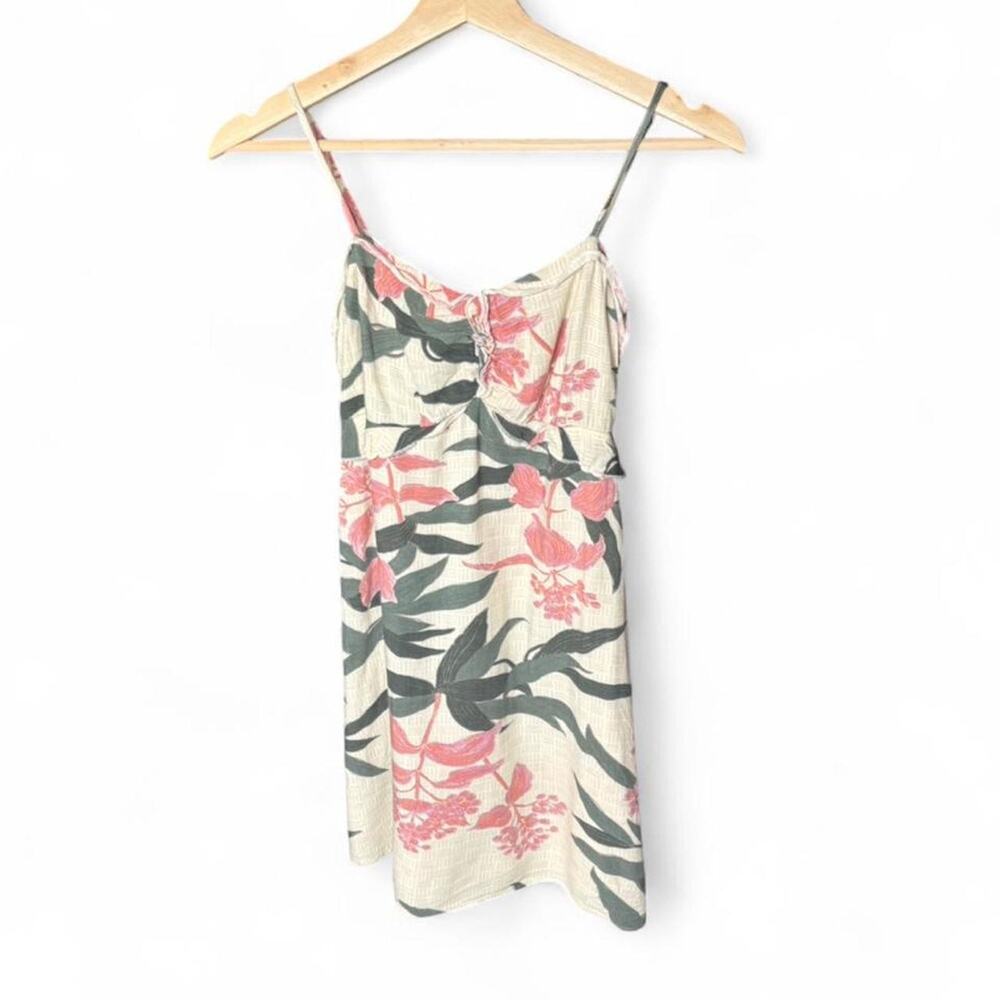 O'Neill Cream Tropical Floral Mini Dress Women's Size Small Smocked Back Boho